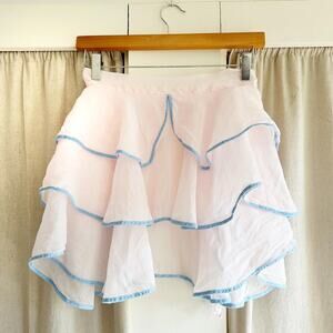 Vintage 50s Sheer Baby Pink + Blue Tiered Ruffled Organza Apron Coquette Cottage